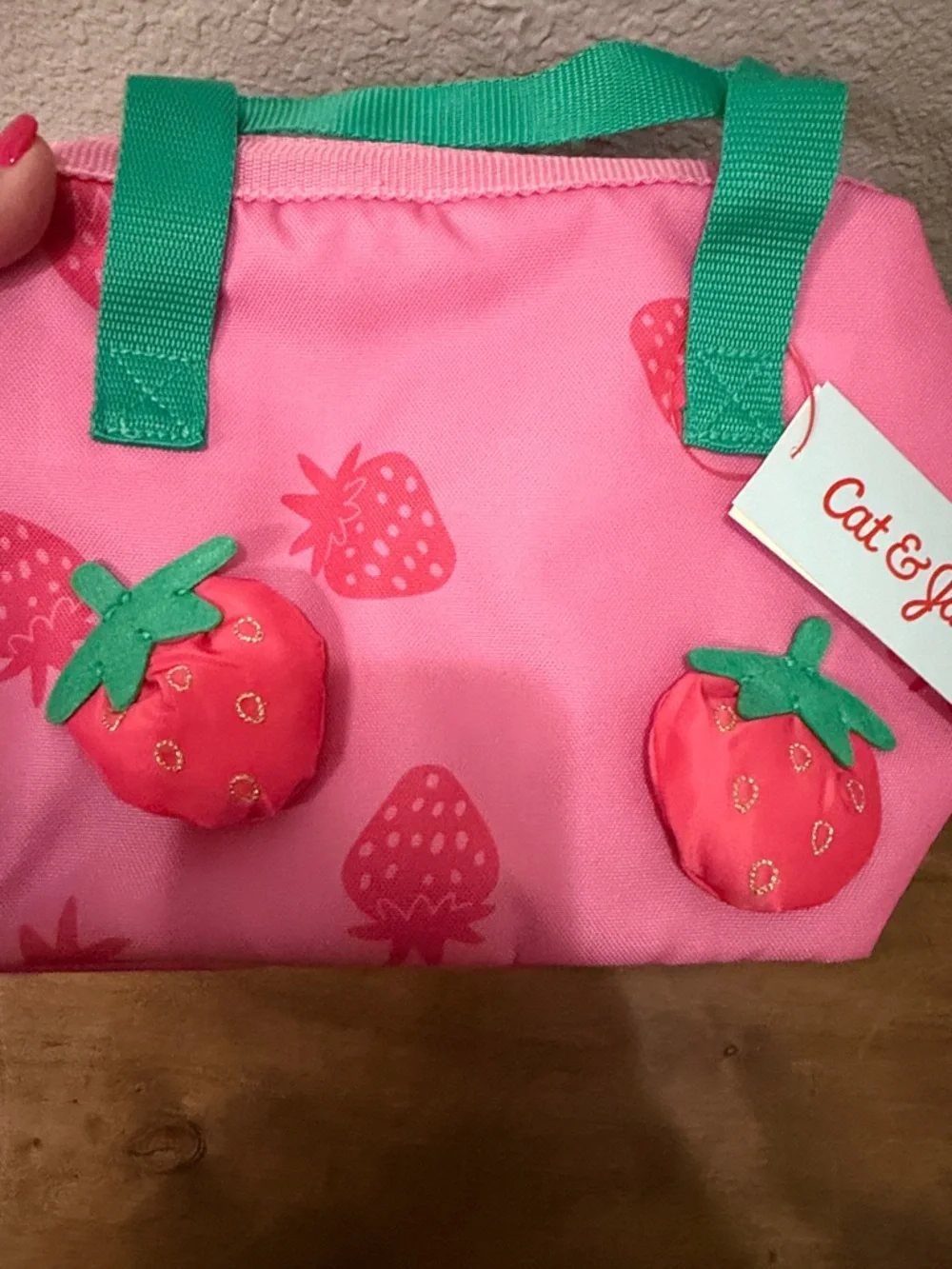 Cat & Jack Pink  Strawberry lunch Tote with Green Handles lunchbox  NWT - Picture 6 of 6